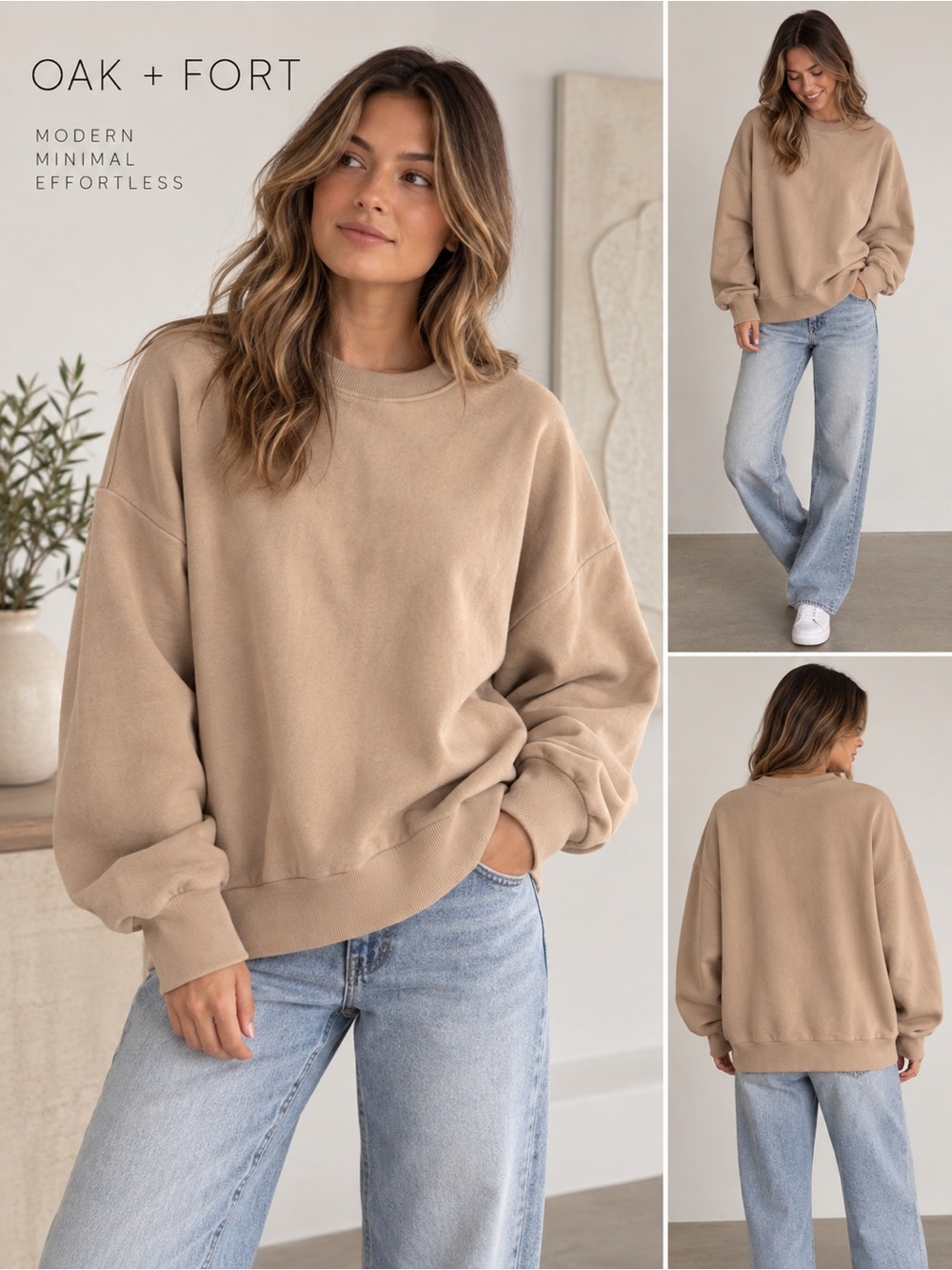 Oak + Fort Women's Medium Oversized Crewneck Sweatshirt Beige